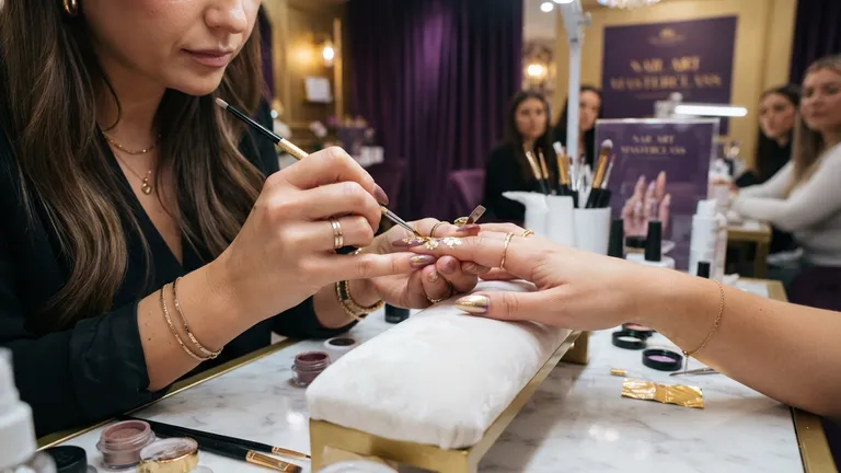 Masterclass de nail art: artista trabajando sobre uñas acrílicas.