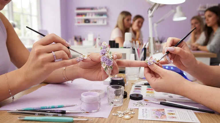 Curso de nail art con trazos finos y diseños florales.